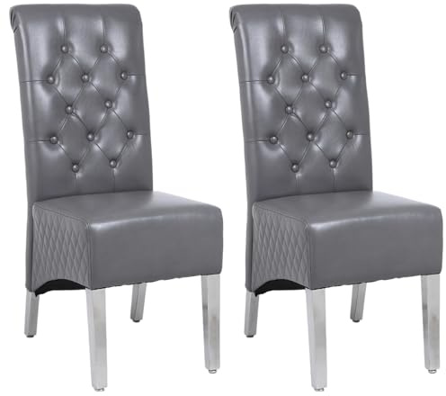 MODERNIQUE® 2 x Sara Leather Aire Dining Side Chairs Button Tufted in Black, Brown, Beige, Grey with Chrome Knocker on the back (Grey)