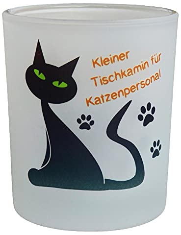 Fördeblau Lustiger 'Kleiner Tischkamin für Katzenpersonal' Teelichthalter für Katzenfans – Satiniertes Glas, 8cm - Gemütliche Tisch-Deko als Geschenkidee für Katzenliebhaber