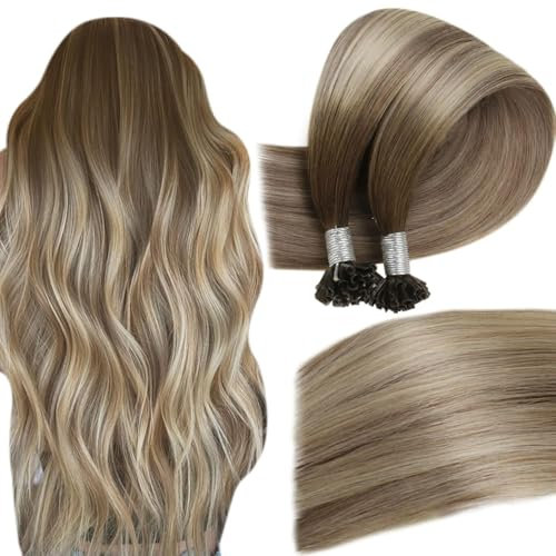 Easyouth Balayage Bondings Echthaar Extensions Remy U Tips Extensions Echthaar Bondings Extensions Darker Brown Mix Mittelbraun und Mittelblond 45 cm 50g/50Stück #3/8/22