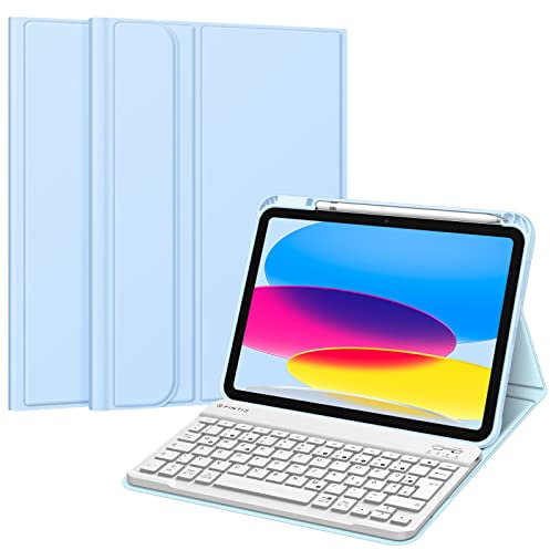 FINTIE Tastatur Hülle für iPad 11.Generation 11 2025, iPad 10. Generation 2022 10.9, Schutzhülle mit TPU Rückschale, Pencil Halter und magnetisch Abnehmbarer Tastatur mit QWERTZ Layout, Himmelblau