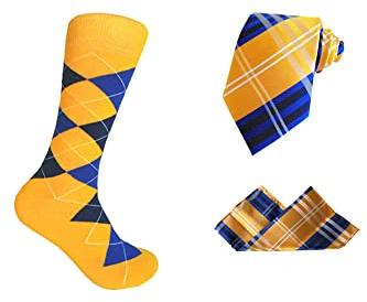Herren Socken & Krawatte und Einstecktuch Set, Goldgelb/Marineblau/Blau, Socks 10-13。Tie 60 x3.5 Pocket square:9.5X9.5