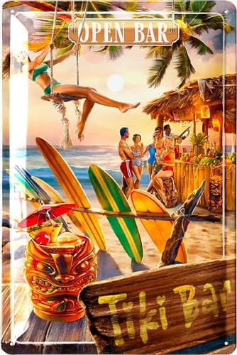 LANOLU Retro Blechschild TiKi BAR - Cocktailbar Dekoration, Surf Deko und Pool Deko, Bar Deko, Bar Schild, Cocktail Schild, vintage Metallschild für die Poolbar und als Pooldeko 20x30cm