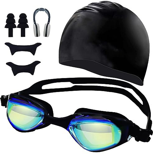 YSYONBOE Lunettes Piscine Adulte, Lunettes de Natation Anti-buée Anti-fuite Protection UV avec Pince Nez Natation, Bouchons d'oreille, Bonnet de Bain en Silicone pour Hommes Femmes