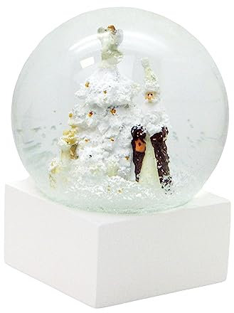 Schneekugel stylisch Glamour Christmas Santa mit Weihnachtsbaum Designer weiß braun Pure-Line Sockel weiß matt eckig – 120mm Durchmesser - Schüttelkugel * 20183
