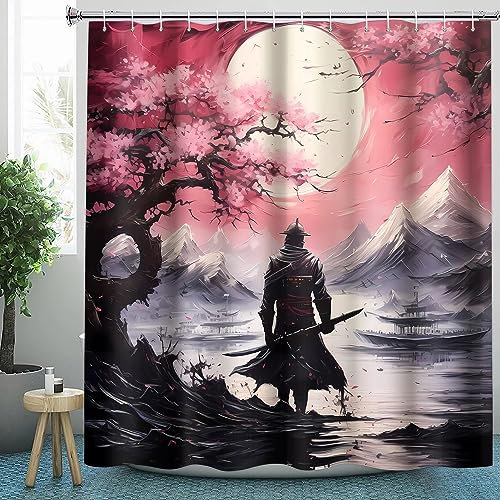 CLoxks Wasserdichter Duschvorhänge Japanisch Samurai, Anime Duschvorhang 180x200 Anti-Schimmel - Duschvorhang Textil für Badewanne mit 12 Haken