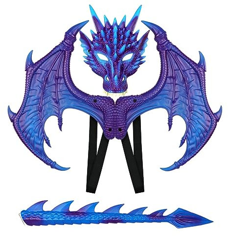 PIUMOJ Costume Ailes de Dragon pour Enfants, Masque de dragon d'Halloween, Déguisement de Dragon, Costume de Dragon pour Halloween Carnaval Cosplay, avec Ailes Masque et queue