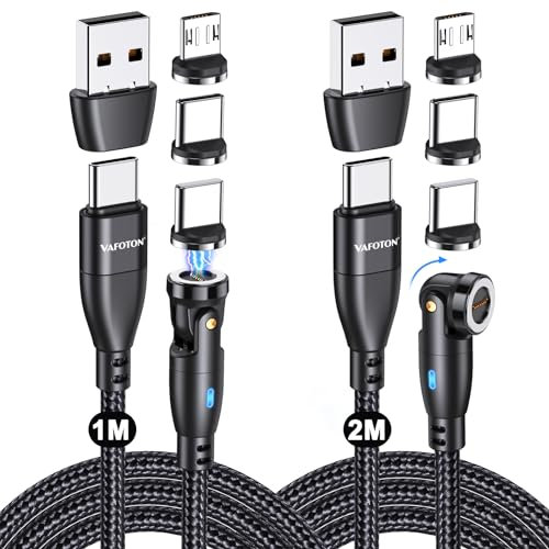 VAFOTON 9Pin 60W Chargeur Magnétique Type C, 540 ° Transfert de Données Charge Rapide 3A Câble Aimanté[2Pcs, 2M/1M], 6 En 1 USB C/A à Typ C Cable, Compatible Avec le Type C/Micro USB/i-Products