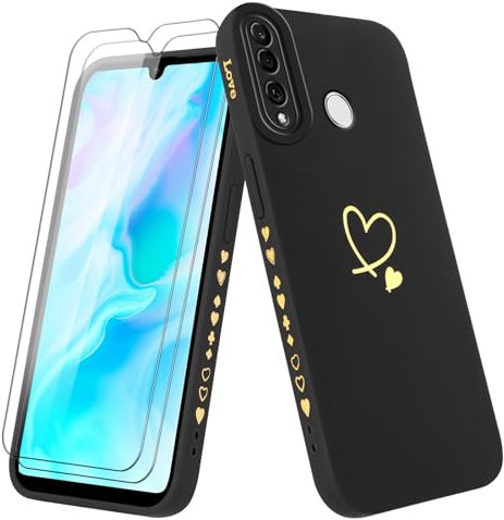 Vauki Funda para Huawei P30 Lite/Nova 4e con 2 Piezas Cristal Templado Carcasa con Amor Corazón Mujer Suave Silicona TPU Antigolpes Anti-Arañazos Case para Huawei P30 Lite/Nova 4e, Negro