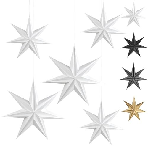 Frau WUNDERVoll® Premium Faltsterne matt weiß m. Magnetverschluss 5 Stück (3X Ø 30cm + 2X Ø 40cm) 7 Zacken geschlossene Oberfläche/Weihnachtsstern Adventsstern Weihnachten Advent Fenster Papierstern