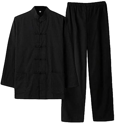 G-LIKE Costume Homme Chinois Arts Martiaux Traditionnels Kung Fu Tai Chi Tangzhuang Classique Manches Longues Chemise Pantalon Uniforme d'Entraînement Ensemble de Survêtement, Noir , L
