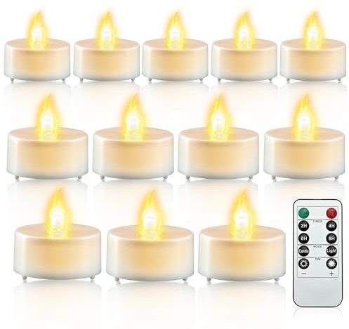 cimetech 12PCs Led Tea Lights with Timer, Electric Flickering Battery Operated Led Candles Tea Lights with Remote Control for Home, Room, Table, Halloween, Christmas Decoration