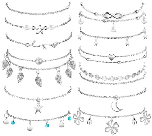 Otuuz 12 Pcs Bracelets de Cheville pour Femme Bracelets de Chaînes de Cheville Réglables Bracelet de Plage Boho Étanche Cadeau de Bijoux