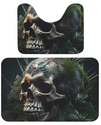 Badezimmerteppich-Set, 2-teilig, Motiv: Totenkopf und Pflanzen, saugfähige Mikrofaser-Badteppiche und U-förmige Konturen, WC-Vorleger, rutschfeste Badematten, Teppich für Badezimmer, Badewanne