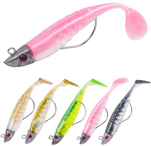 HOTUT 3D Eyes Paddle Tail Soft Fishing Lures - 5 Pcs Pre-Rigged With Sharp Single Hook, T Tail Artificial Bait for Sea Bass Pike Trout Perch