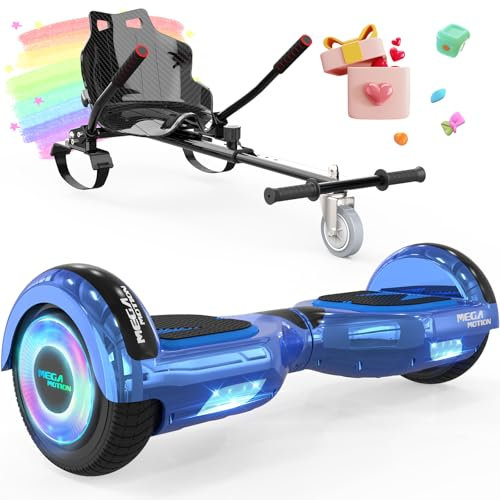 MEGA MOTION Hoverboards 6,5 Zoll mit Hoverkart für Kinder und Jugendliche,Selbstausgleichender, einfach zu steuern, rutschfeste Gestaltung, mit LED-Licht und Bluetooth-Lautsprecher (Blue+Schwarz)