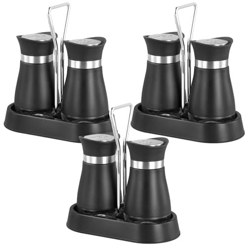 UNGFEI 3 paquetes de salero y pimentero, macetas de vidrio para sal y pimienta con tapas de acero inoxidable, dispensador de especias para el hogar, cocina, restaurante, mesa, color negro