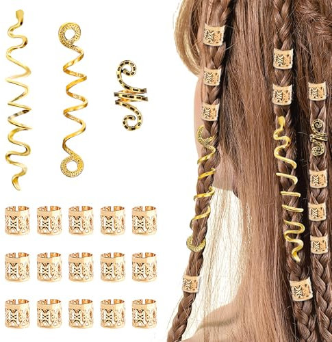 18 Stück Dreadlocks Schmuck, Verstellbar Haarspiralen Clips Haar Perlen Manschetten Haarschmuck, Metall Cuffs Zubehör für Frauen Zöpfe Dekorationen (Gold)