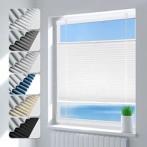 Deswell Plissee ohne Bohren Verdunkelung Klemmfix Verdunklungsplissee B55 x H80 cm Weiß, 100% Blickdicht lichtundurchlässig Thermo Plissee Faltrollo Sichtschutz Sonnenschutz für Fenster Tür