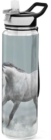 Mnsruu Transparente Sport-Wasserflasche mit Strohhalm, auslaufsichere Trinkflasche, grauer arabischer Hengst, Fahrradflaschen für Sport, Büro, Schule, BPA-freier Tritan-Kunststoff, 1 Liter