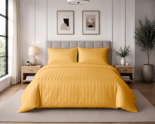 Home In Style 4U SuperKing Duvet Cover Sets Ochre Satin Stripes Bedding | Reversible Hotel Bedding Duvet Cover Set with Pillowcases, Ultra Soft Breathable Hypoallergenic Quilt Bed Covers