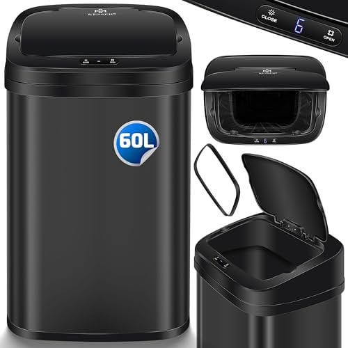 KESSER® Sensor Mülleimer Küche 60 L | Automatik mit Bewegungssensor Abfalleimer & Soft-Close-Deckel | Müllbehälter mit Touch-Bedienfeld & Sensor | LCD-Display | Edelstahl | inkl Müllsackhalter Schwarz