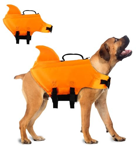 Schwimmweste Hai Hunde, Darryy Schöner Hunde Schwimmanzug, Blickfang Schwimmweste Hund Haifisch(Orange, XL)