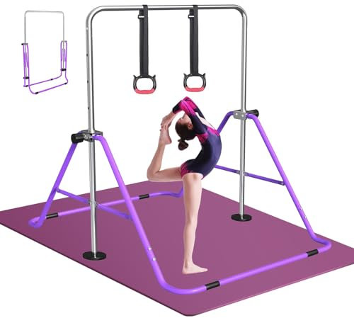 FBSPORT Barra de Gimnasia Artistica para Niñas con Altura Ajustable y Anillos, Plegable Equipo de Gimnasia para Entrenamiento en Casa, Barra de Entrenamiento de Gimnasia Expandible Junior