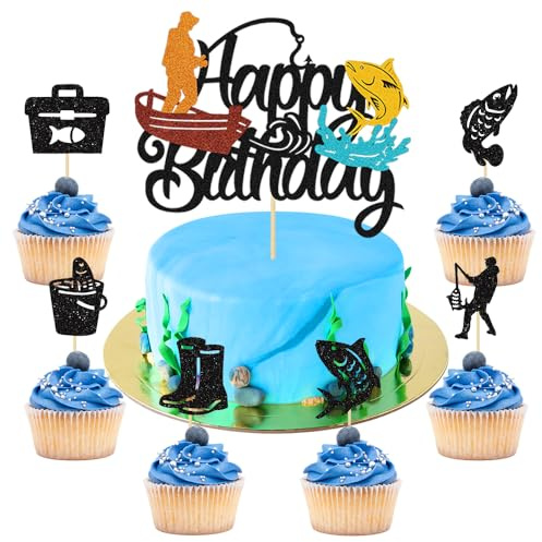 Fishing Cake Topper & Fishing Cake Decorations - HSC Fish Cake Decor for Retirement, Birthday, Farewell, Fisherman ThemedParty Supplies - 1 Cake & 24 Cupcake Toppers for Men