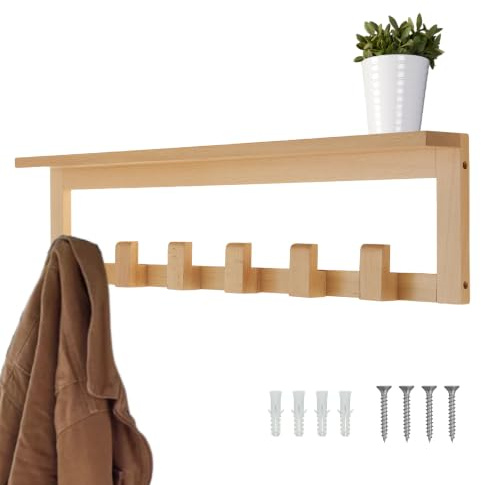 keypak Beech Wooden Coat Rack 6 Hooks with 68cm Shelf | Wall Mounted Combi Unit, All Wood Solid Hooks and Shelf, Complete with Fixings