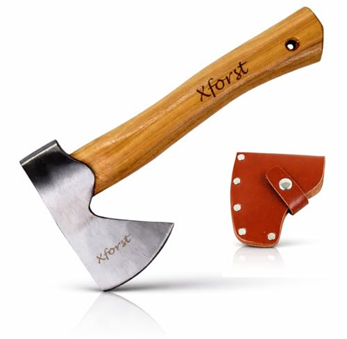 Xforst Hache Viking X-AG1 - Ascia da trekking e da esterno con manico in legno di Hickory e custodia protettiva in vera pelle – 27 cm – 0,67 kg