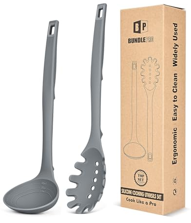 Silicone Pasta Fork and Soup Ladle Set, Heat Resistant Non Stick Kitchen Utensils with Back Hooks, Suitable for Cooking, Stirring, Serving Spaghetti, Soup, Sauce (Gray)