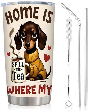 LUMIREX Knitted Dachshund Travel Mug, Insulated Stainless Steel Coffee Cup with Straws and Brushes, Dual Effect Cup for Travel & Picnics, Adorable Dachshund Gifts for Dog Lovers