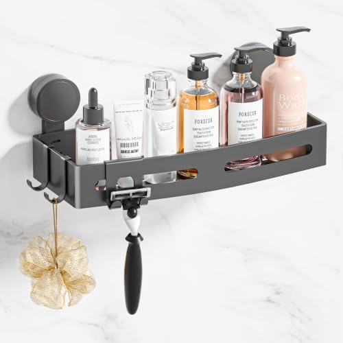 Wisfame Estantería Ducha Ventosas, Estante Baño sin Tornillos Aluminio Gris | Estanteria Baño, 32 cm con Portamaquinillas Afeitar, Antiherrumbre, Ventosa potente- Carga de 10 kg,Champú/Gel/Jabonera Ducha