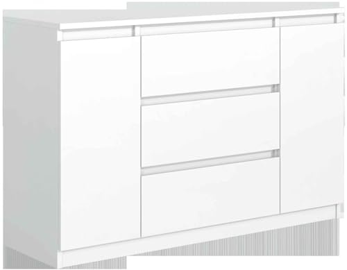 Masseno Kommode NUDO 120 cm Sideboard mit 3 Schubladen und 2 Türen für Wohnzimmer Schlafzimmer Modern 120x39x78,5 cm Weiß/Weiß