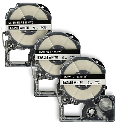 vhbw 3x Schriftband-Kassette kompatibel mit Epson LabelWorks LW-1000P, LW-600P, LW-500, LW-400, LW-300 Etiketten-Drucker 8m x 9mm Schwarz auf Weiß
