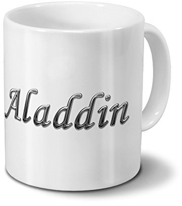 printplanet Tasse mit Namen Aladdin - Motiv Chrom-Schriftzug - Namenstasse, Kaffeebecher, Mug, Becher, Kaffeetasse - Farbe Weiß
