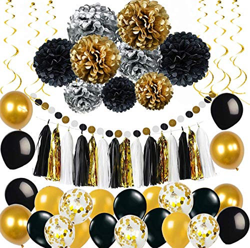 Party Deko set Gold Silber Schwarz Pompoms Quasten Girlande Luftballons Papier Girlande spiralgirlanden Geburtstag Hochzeit Partydeko