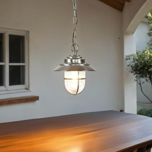 Licht-Erlebnisse Maritime Pendelleuchte IP54 aus Messing Riffelglas wetterfeste Außenleuchte Terrasse Balkon Haus