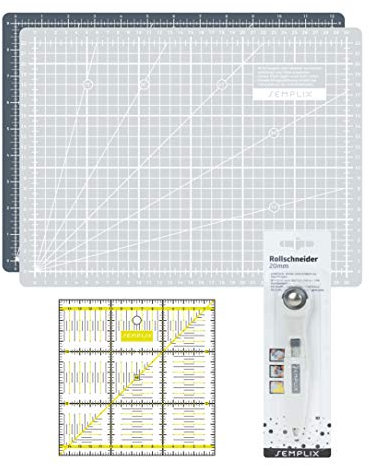 SEMPLIX Schneidematten Set (A4) Ideal für Näh-, Bastel- und Patchworkarbeiten, Schneideunterlage 30 x 22 cm, Rollschneider Super Mini 20 cm, Patchwork-Lineal 15 x 15 cm (grau/gelb)