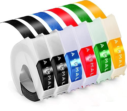 Airmall 9mm Prägeband als Ersatz für DYMO Prägeband Etiketten Schwarz/Blau/Rot/Gelb/Grün Selbstklebendes 3D Kunststoff Prägeetiketten für Dymo Omega Junior Beschriftungsgerät, 6 Rollen