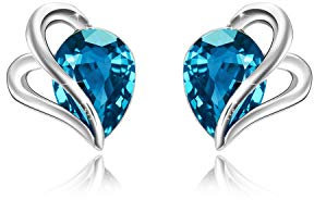 AOBOCO March Birthstone Gifts, 925 Sterling Silver Aquamarine Earring, Heart Crystal Hypoallergenic Earrings Jewellery Gift for Her (Aquamarine)