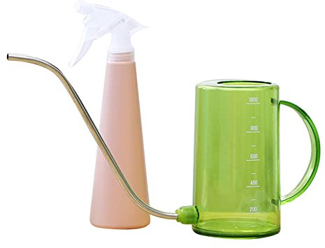 Lote de 2 regadera de boca larga y regadera de prensa a mano, regadera larga boquilla de plástico con tubo de acero inoxidable para regar plantas en maceta (maceta curvada verde + regadera rosa)
