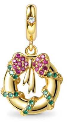 GNOCE Weihnachtskranz Anhänger Charm 925 Sterling Silber Vergoldet Baumeln Charms Für Frauen Mädchen Schmuck Geschenk Fit Schlangenkette Armbänder/Halskette