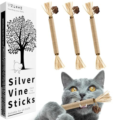 YWAOOH Natural Silvervine Sticks 3Pcs, Cat Chew Toys for Kitten Teething
