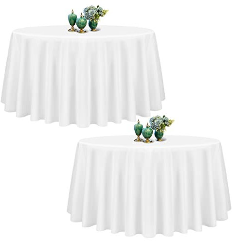Showgeous 2 Stück Tischdecke Weiße Runde Tischdecke 228cm Polyester Stoff Tischdecke Rund Waschbare Tischdecke für Hochzeit Bankett Restaurant Buffet Parteien Garten