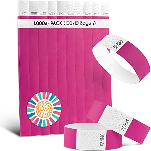 FARBEN BANDE® 1000 Einlassbänder Neon Pink/Eintrittsbänder 19mm aus Tyvek/Party Bändchen reißfest, wasserdicht und nummeriert/farbige Partybänder/Einlassbändchen für Party, Festival & Feste