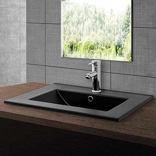 ML-Design Lavabo en Céramique Noir Mat 61,5x17,5x47 cm, Rectangle, Vasque à Encastrer Moderne, Lavabo de Comptoir Élégant, Lavabo avec Trou pour Robinet,Trop-Plein et Trou d'Écoulement, Salle de Bain