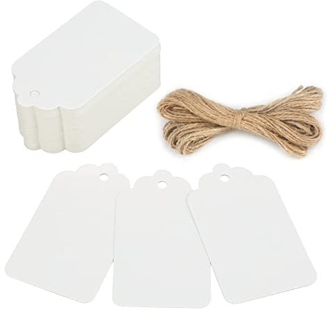 FAMIDIQGO Weißer Hangtag, 100 Stücke Geschenketiketten mit 20m Juteseil, weiße Etikettenkarte, Hochzeitsgeschenk Weihnachtsjuteseil, natürliche Pappe, hohe Qualität