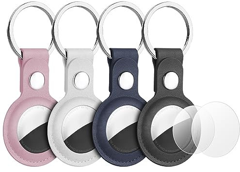 AXFEE AirTag Schutzhülle, Leder Keyring Schutzhülle Kompatibel mit AirTags, Leder Keyring für AirTag, Mini Apple AirTags Case, Leder Hülle Schlüsselanhänger Case, Cover mit Schlüsselanhänger (4 Stück)