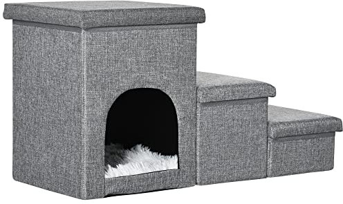 PawHut Scaletta per Cani e Gatti 10kg max a 3 Gradini con Casetta per Cani e Spazio Portaoggetti a Scomparsa, 73.5x33x40.5 cm, Grigio